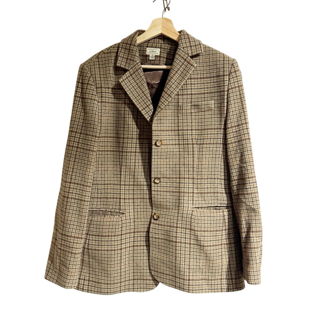 LL Bean Women 14R Brown Plaid Wool Cashmere Jacket Vintage Academia Equestrian